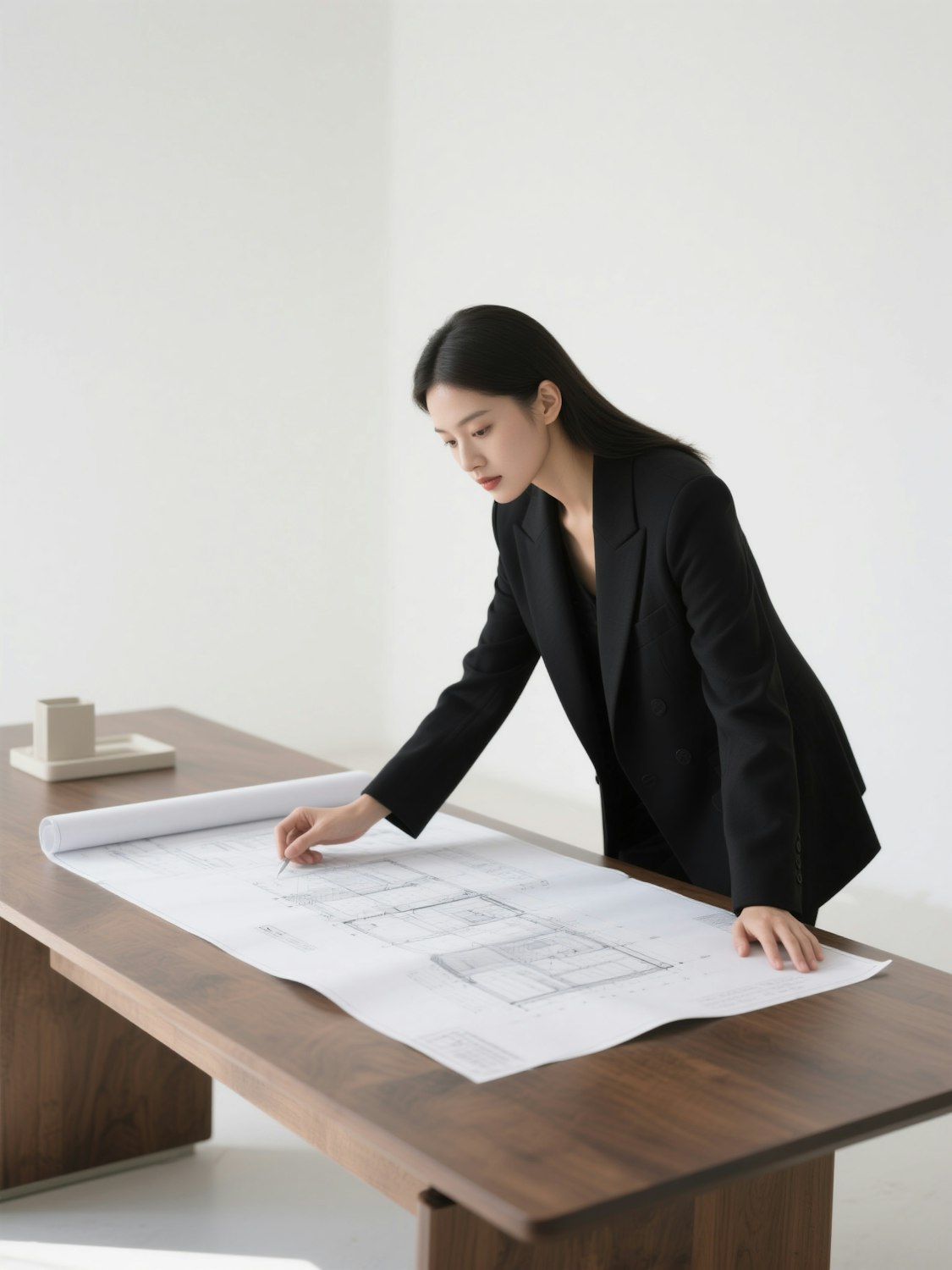 Application engineer reviewing a customer drawing at a drafting table